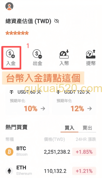 Hoyabit APP首页入金按钮