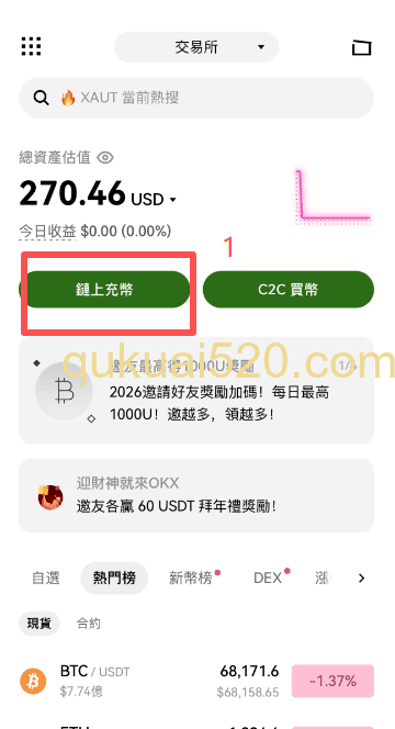 欧易链上充币选择界面
