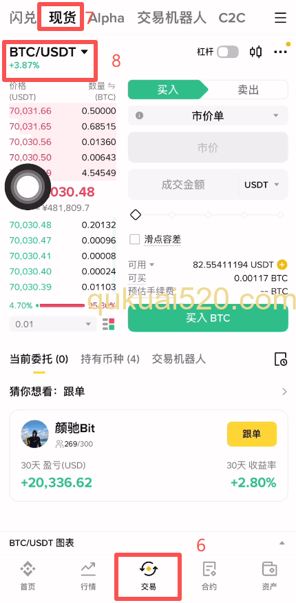 划转USDT到现货账户，进入交易界面