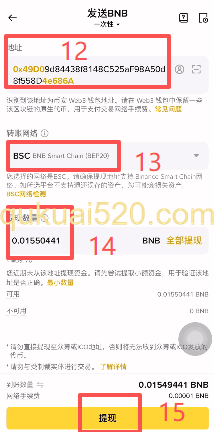 BNB提币到钱包界面