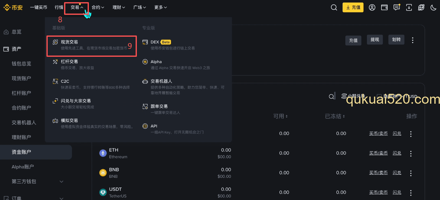 USDT划转到现货账户进行现货交易页面