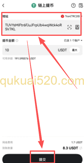 粘贴地址完成提币操作页面