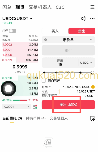 点击卖出USDC按钮页面
