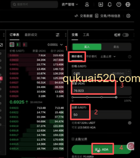 限价购买ADA操作页面