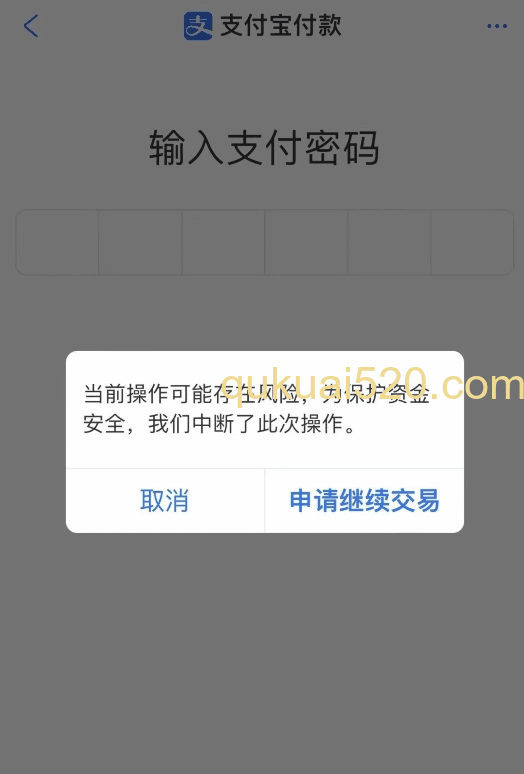 [支付宝风险提示界面]
