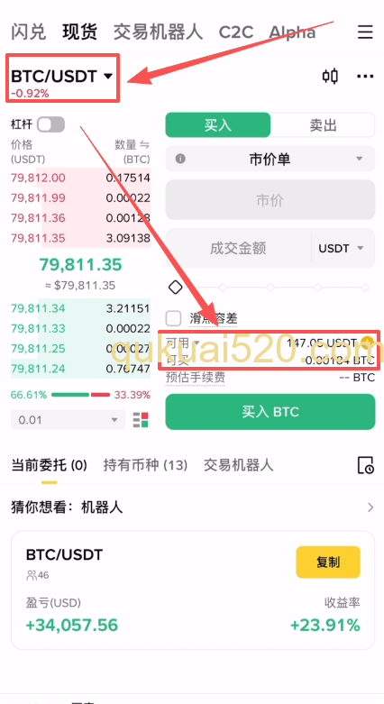 BTC/USDT交易对界面