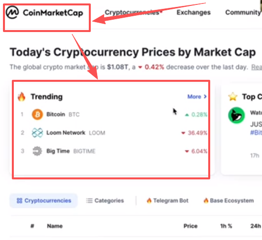 CoinMarketCap热门代币列表和代币解锁网站页面