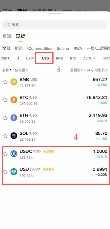 [币安USDT/USD交易对界面]