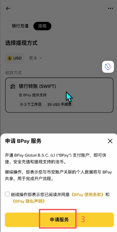 [币安Bpay服务申请界面]