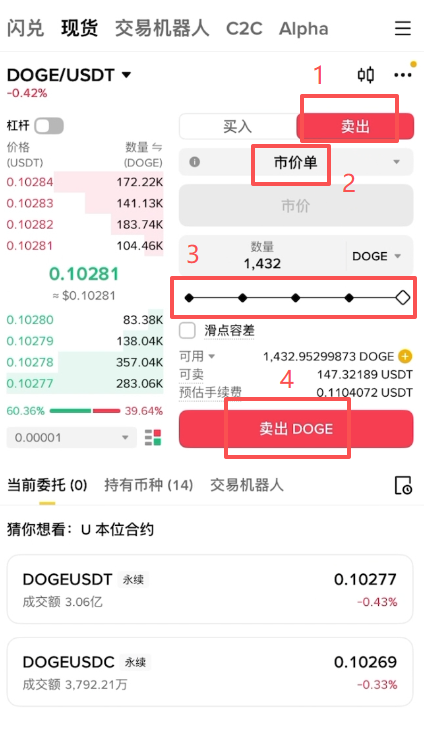 卖出DOGE操作页面