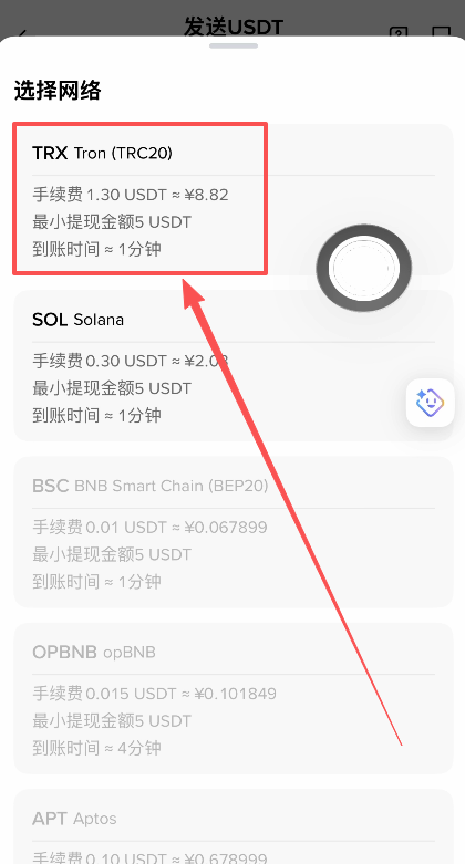 [币安网络选择界面]