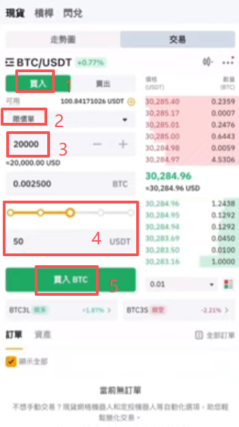 限价买入操作页面