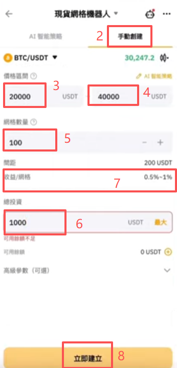 现货网格手动创建操作页面
