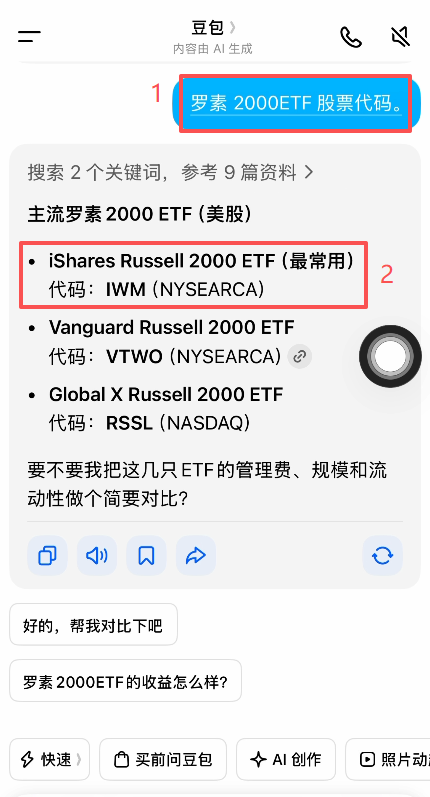 AI搜索罗素ETF代码结果