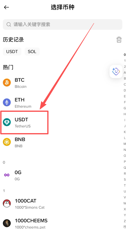币种选择界面
