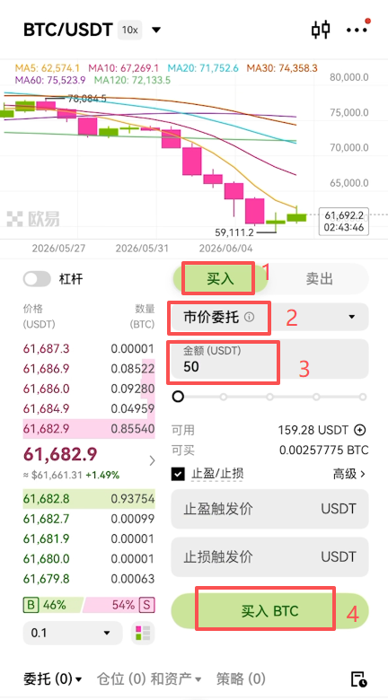 OKX比特币买入界面