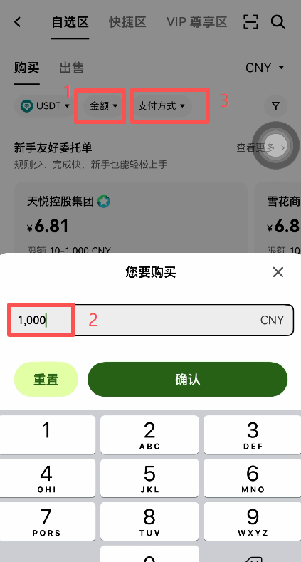 自选区金额筛选和支付方式勾选界面