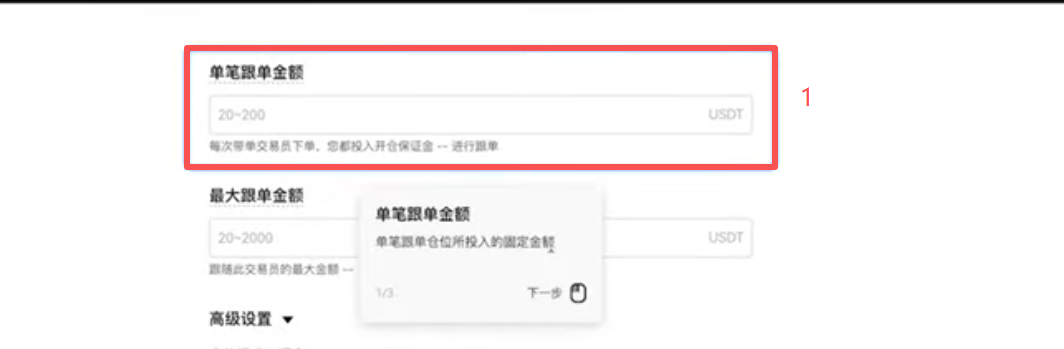 单笔跟单金额和U最大跟单金额设置页面