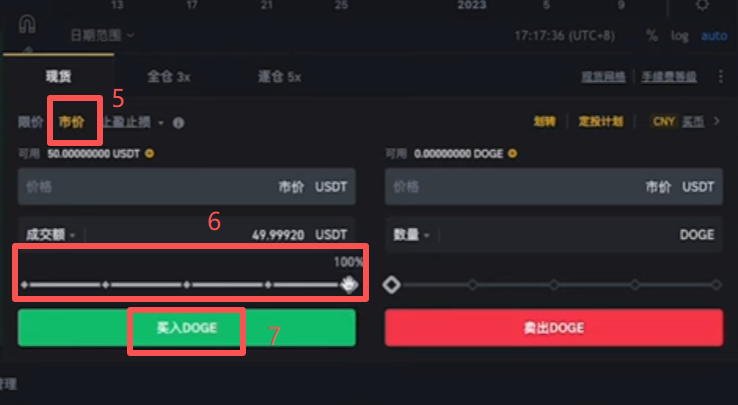 币安DOGE/USDT现货交易对买入界面