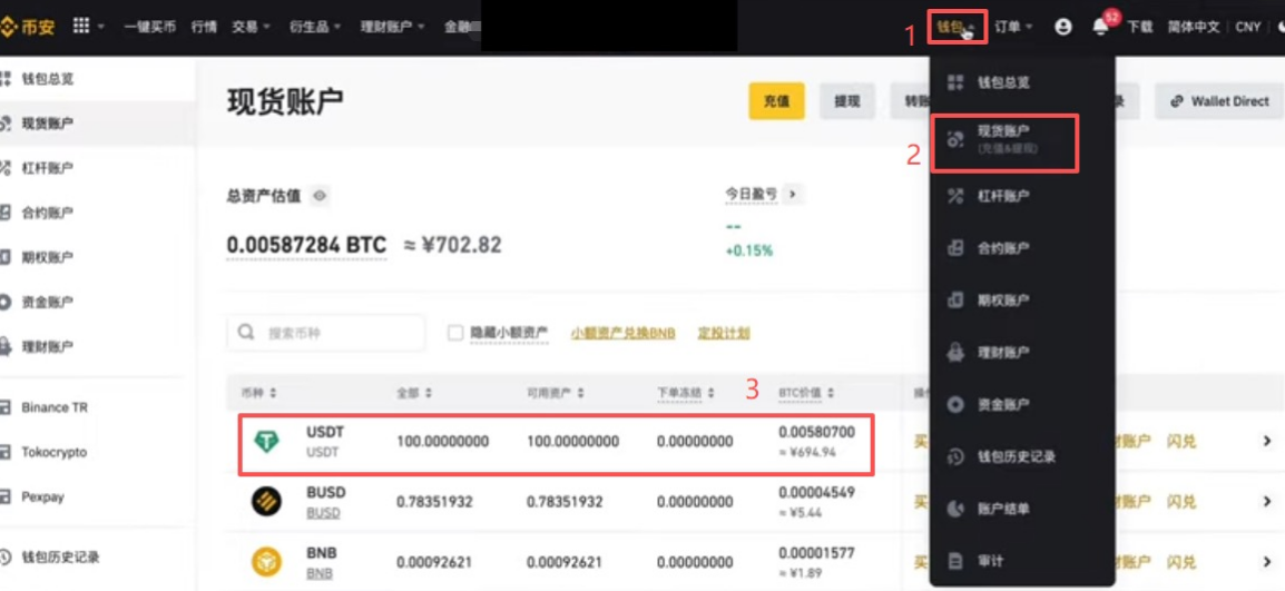 币安现货账户显示USDT余额页面