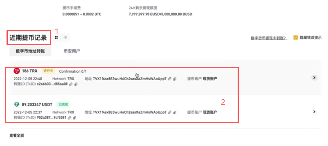 币安提币记录状态显示页面