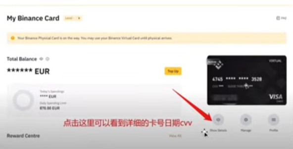币安虚拟卡卡号CVV信息查看界面