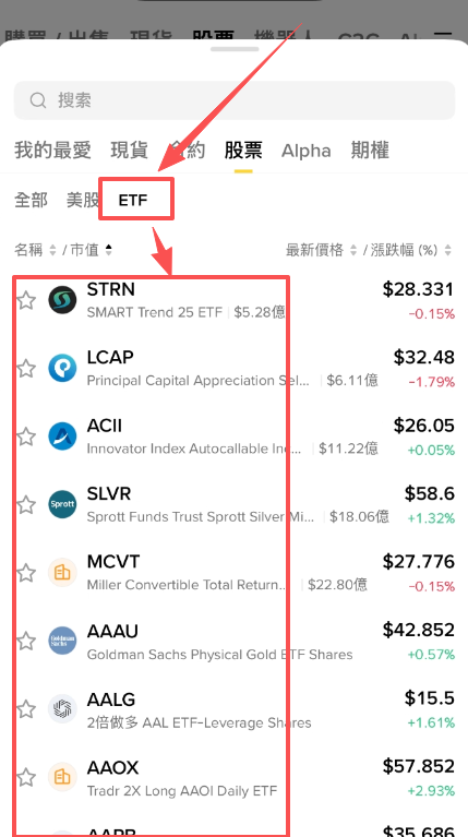 币安股票模块美股ETF列表界面