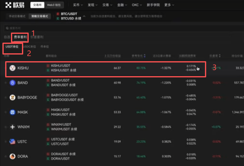费率套利列表按参考年化降序排列后的界面