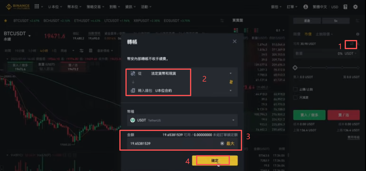 币安现货账户划转至U本位合约界面