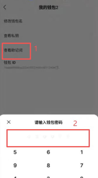 钱包设置中查看12位助记词展示界面