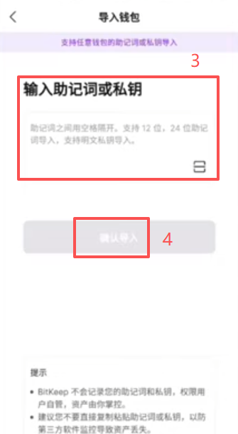 导入钱包选择助记词或私钥输入界面