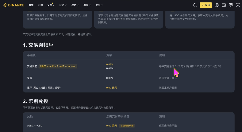 币安股票交易费率说明页面