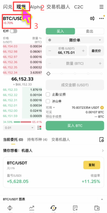 币安现货USDT换USDC交易界面