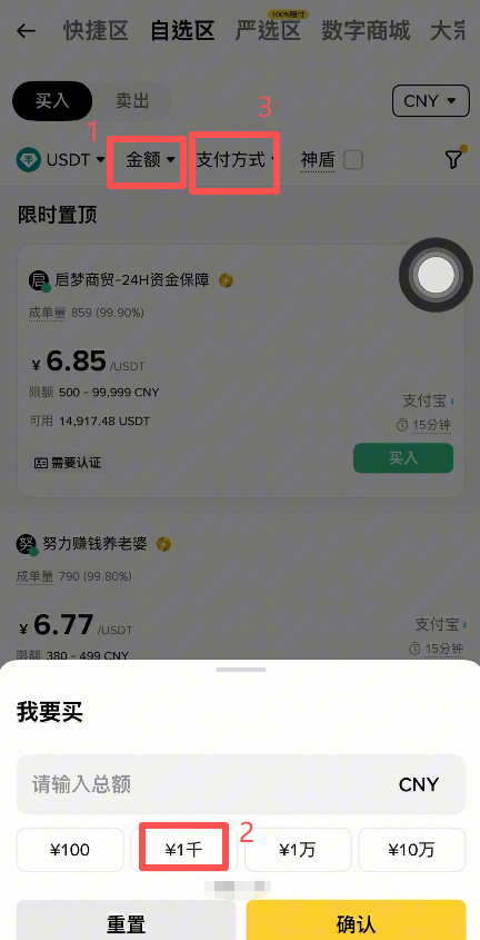 筛选金额和选择支付方式页面