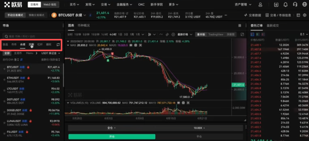 左侧导航栏合约类型切换选项