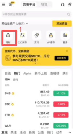 Binance持币生息原生代币列表界面