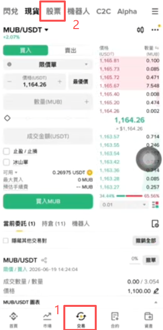 币安现货交易页面出现「股票」入口的界面