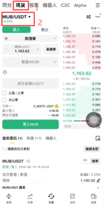 现货交易品种栏下方显示bstocks分类的界面