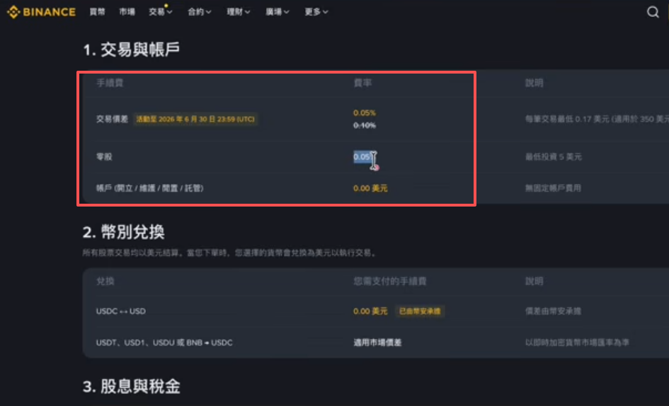 币安美股正股手续费页面
