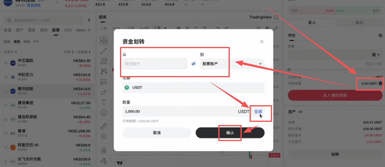 Gate港股买入腾讯1股的下单界面