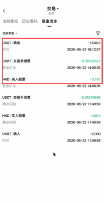 Gate港股交易记录显示手续费截图