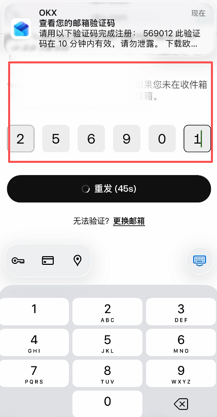 欧易填写邮箱验证码的输入框界面