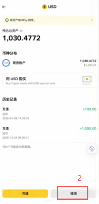 币安USD资产页面提现按钮入口