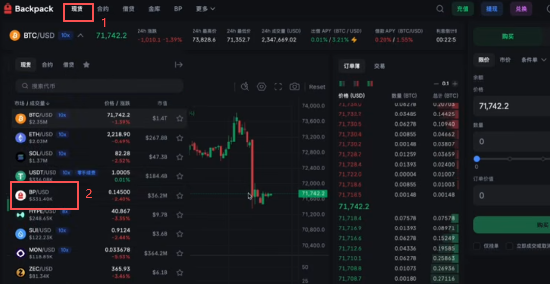 Backpack现货BP交易对下单和质押页面