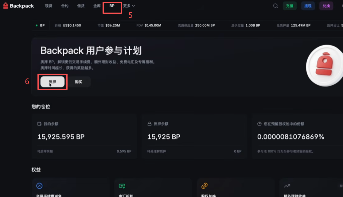 Backpack现货BP交易对下单和质押页面