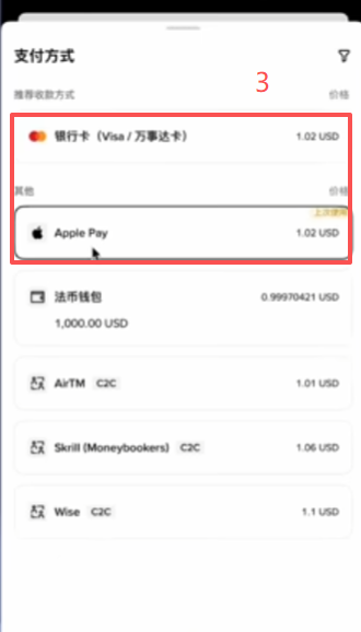 选择美元后的支付方式Wise卡演示界面