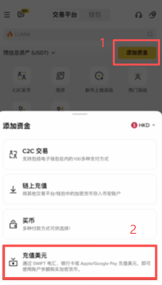 「添加资金」→「充值美元」→银行转账选项页面