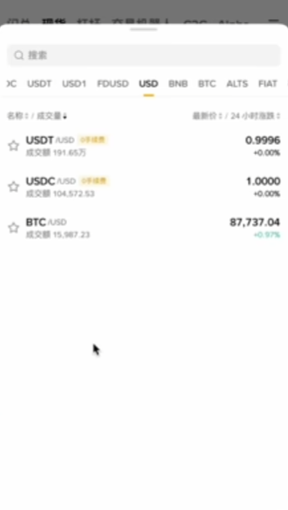 币安美元交易对列表USDT/USDC/BTC