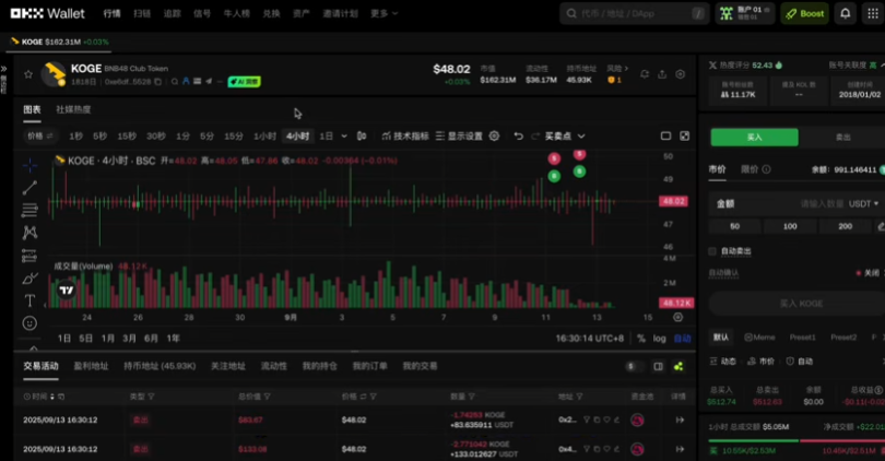 OKX钱包DEX兑换页面选择USDT和KOGE币对