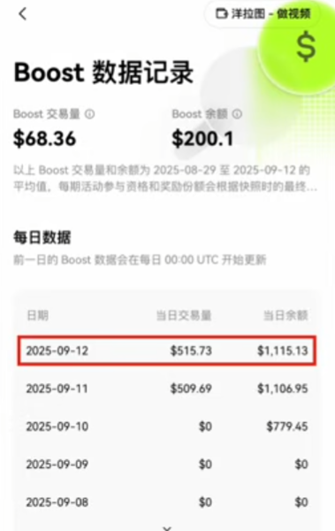 OKX钱包交易积分更新后的每日积分记录界面